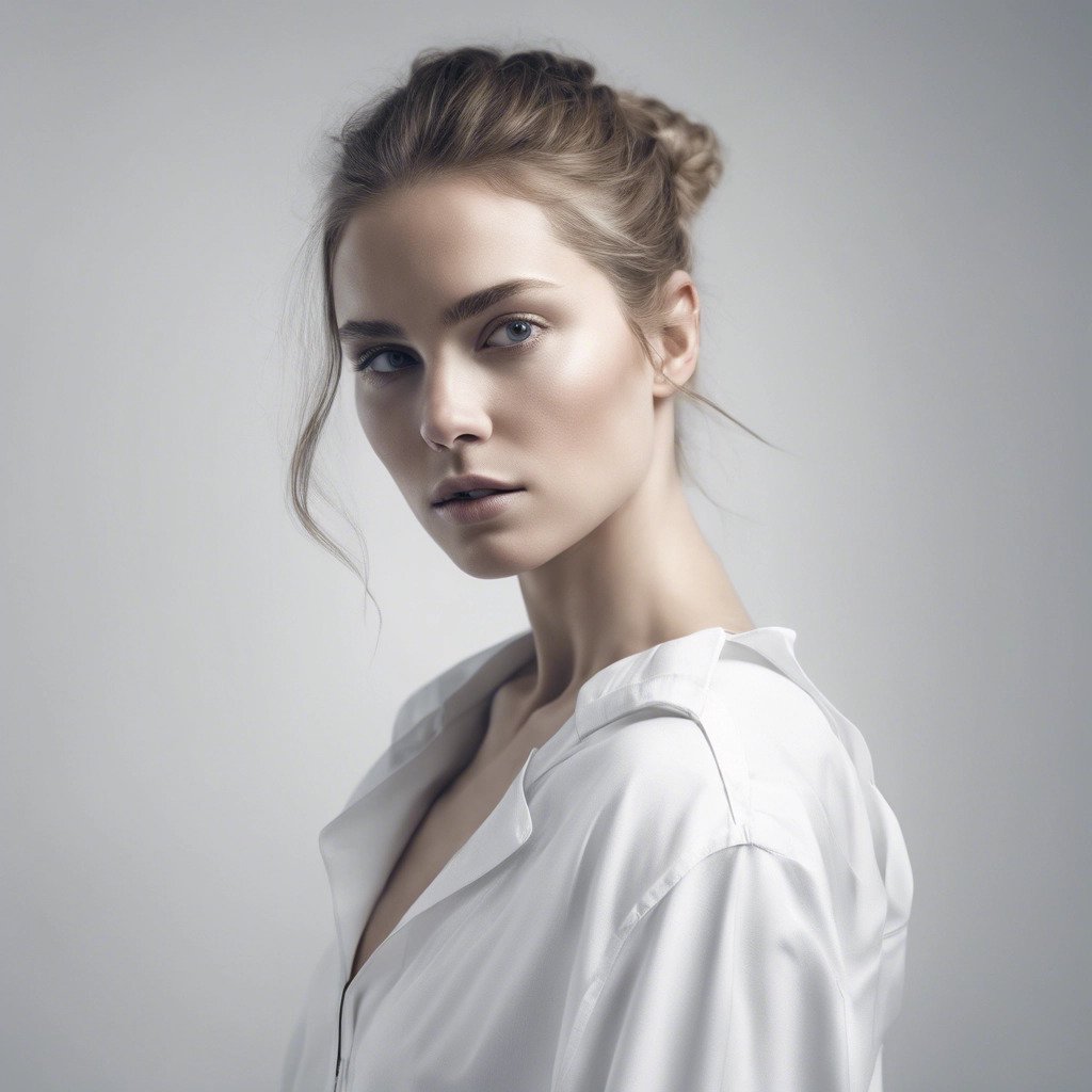 a high key fashion portrait of a young woman with long brunette hair against a minimalist white background with dramatic lighting, aesthetic, highly detailed, in 8k resolution.